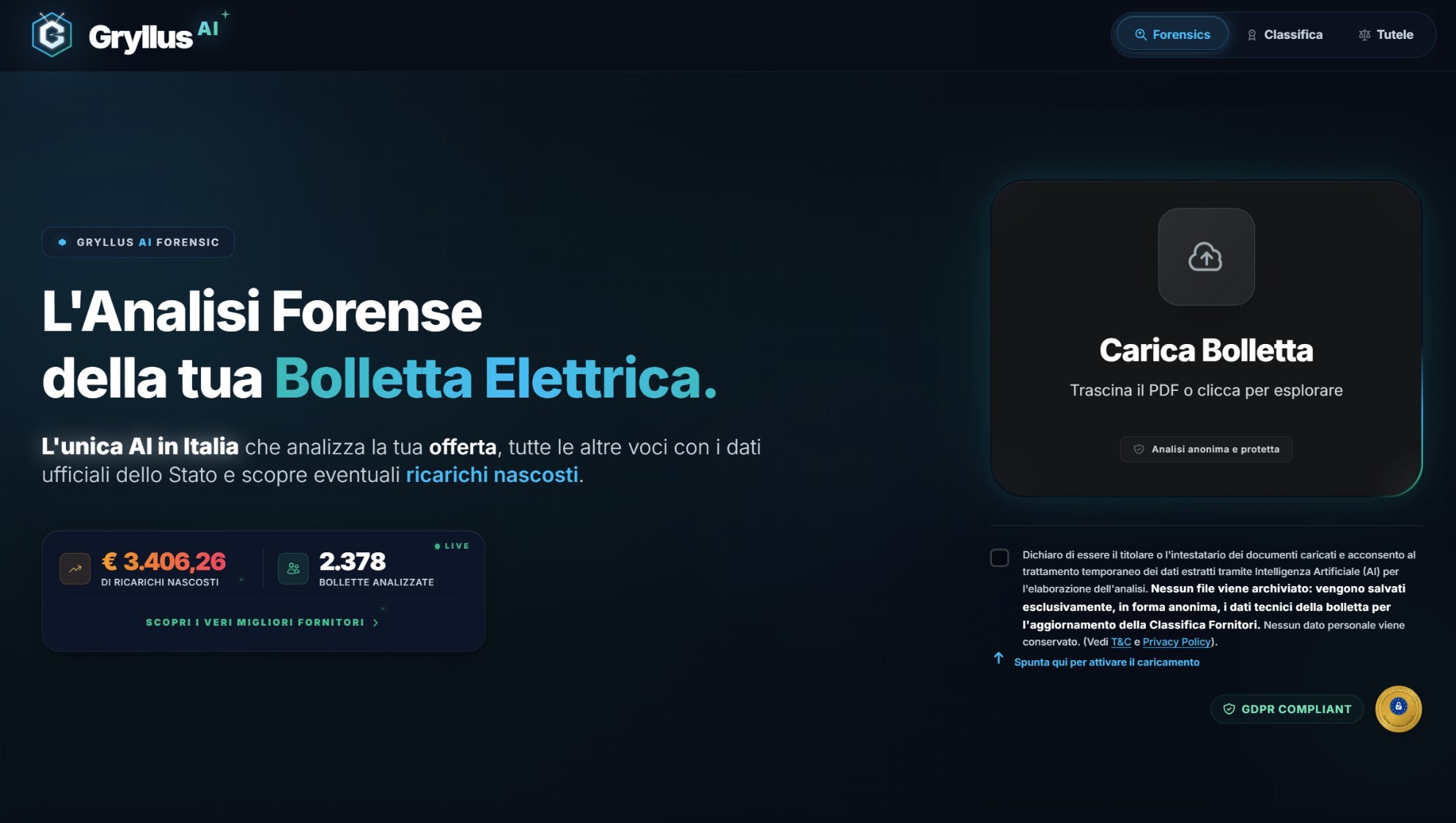 Gryllus.it — Schermata dell'app con analisi bolletta